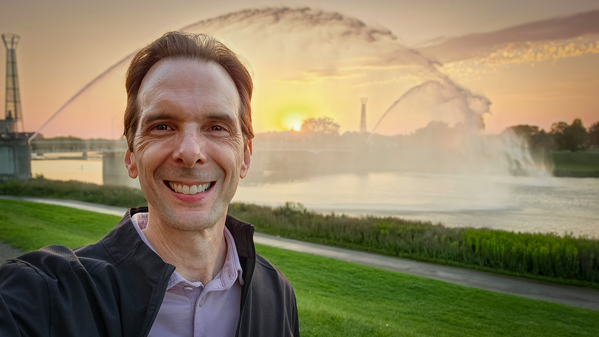 Motivational speaker Larry Weaver near the Five Rivers Fountain of Lights along the Mad River Trail in Dayton, Ohio