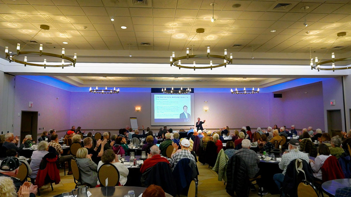Motivational keynote speaker Larry Weaver presenting to financial services clients at the Sheraton Portland Airport Hotel in Portland, Oregon