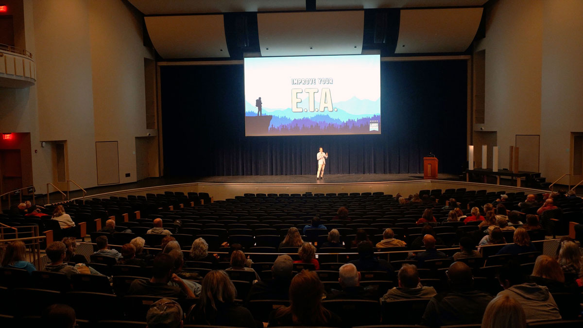Motivational keynote speaker Larry Weaver presenting to educators at the J.B. Chambers Performing Arts Center in Wheeling, West Virginia