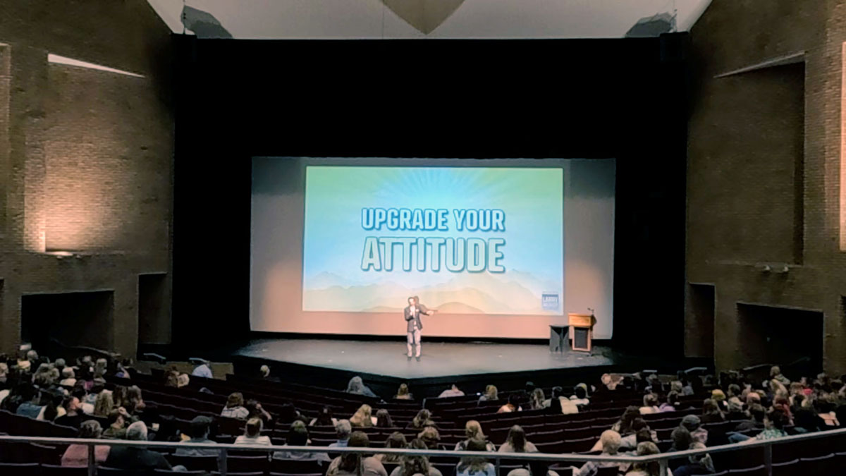 Motivational keynote speaker Larry Weaver presenting to developmental disability professionals at Lorain County Community College near Cleveland, Ohio